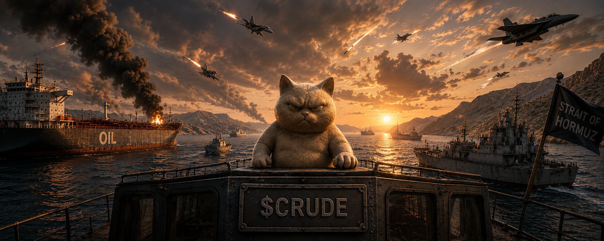 A fat clay cat sits on the bridge of a warship in the Strait of Hormuz at sunset. An oil tanker burns behind it, fighter jets cross the sky, and a steel plate on the bridge reads $CRUDE.